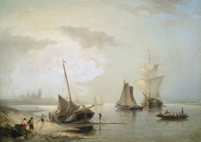 Zeilschepen aan de Nederlandse kust in ochtendlicht door Nicolaas Riegen